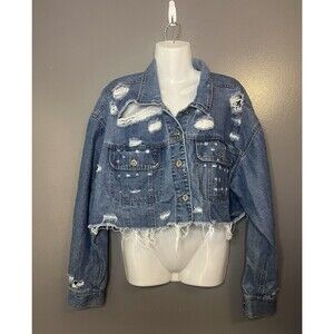 Highway Jeans Jacket Womens 2X Distressed Cropped Raw Hem Trucker VD703E1MCK
